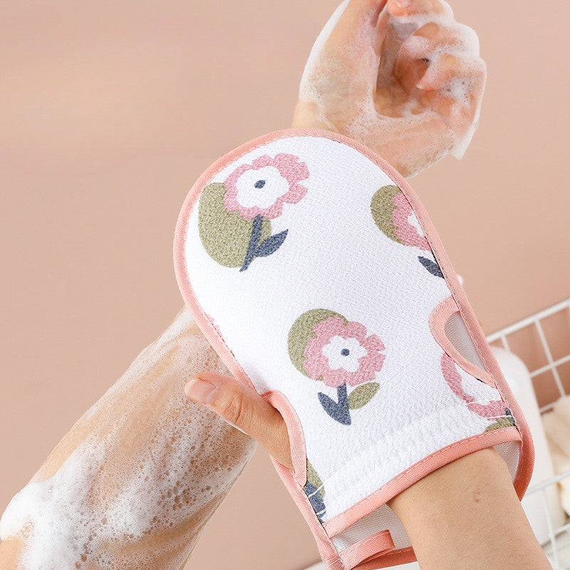 Premium Double Sided Floral Pattern Polyester Body Scrubbing Glove