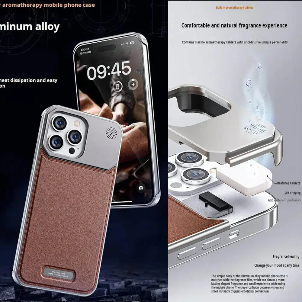 iPhone 15 Pro Max Frameless Metal AeroFLex Aluminum & Leather Case with Aroma