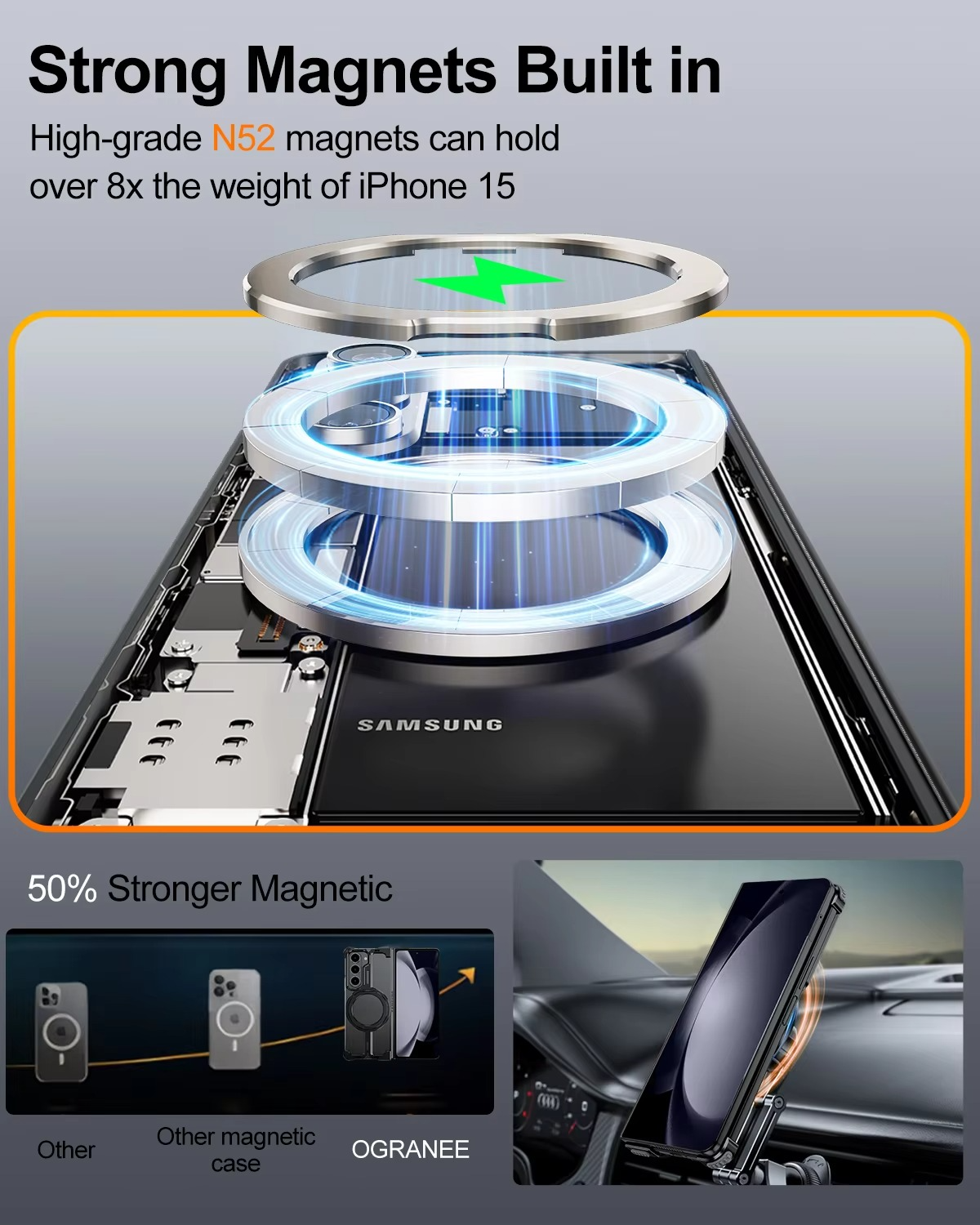 Samsung Galaxy Z Fold7 Framless T Shape Metal Bumper with Magsafe & 360° Rotation Ring