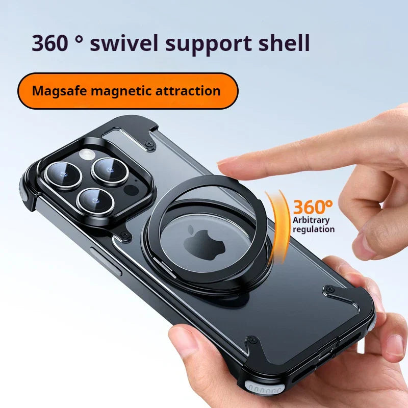 iPhone 15 Pro Metal Rimless Leather Rotating Ring Impact Resistance Casing with MagSafe - Gray