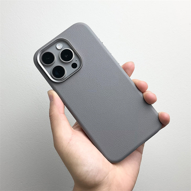 iPhone 15 Pro Genuine Leather Case Luxury Business Style Back Cover - Gray