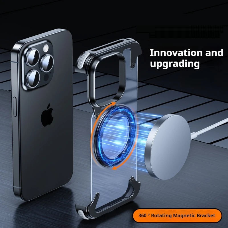 iPhone 15 Pro Max Metal Rimless Leather Rotating Ring Impact Resistance Casing with MagSafe - Black