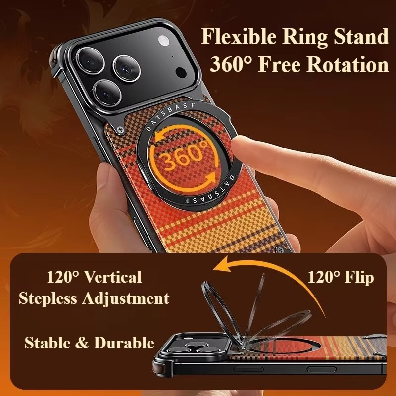 iPhone 17 Pro Titan Carbon Metal Frame Case with 360 Roatating Ring