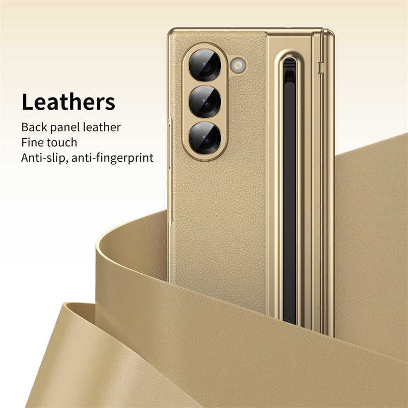 Samsung Galaxy Z Fold 6 Electroplating Leather Case with S Pen & Front Glass Protection