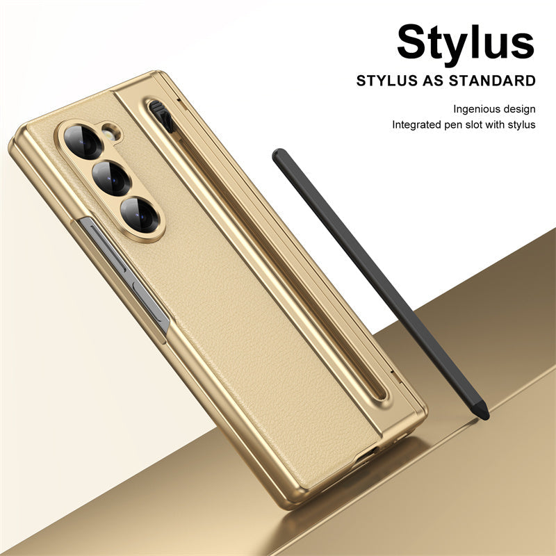 Samsung Galaxy Z Fold 6 Electroplating Leather Case with S Pen & Front Glass Protection