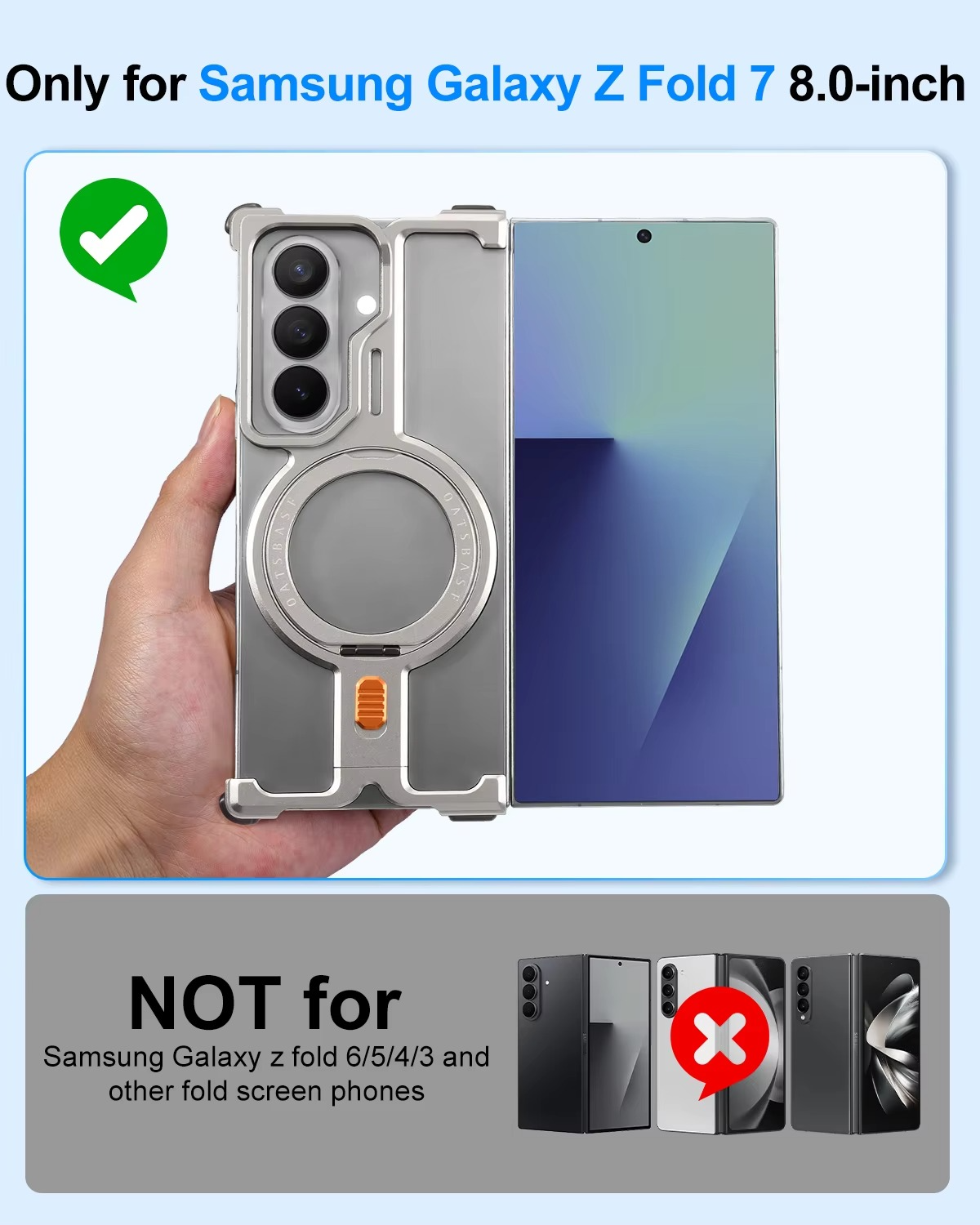 Samsung Galaxy Z Fold7 Framless T Shape Metal Bumper with Magsafe & 360° Rotation Ring - Silver