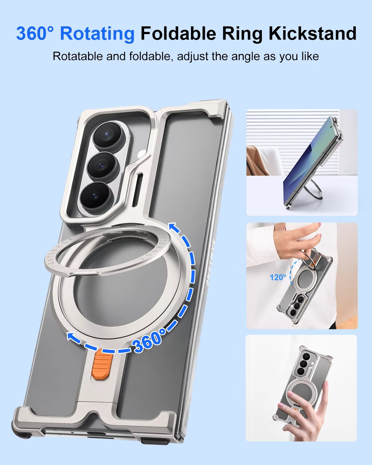 Samsung Galaxy Z Fold7 Framless T Shape Metal Bumper with Magsafe & 360° Rotation Ring - Silver