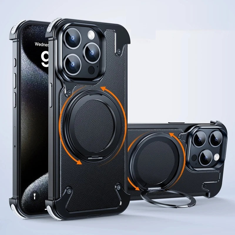 iPhone 15 Pro Max Metal Rimless Leather Rotating Ring Impact Resistance Casing with MagSafe - Black