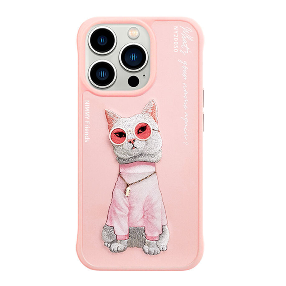 iPhone 14 Pro Nimmy Embroidery Shockproof Glass Series Case - Pink