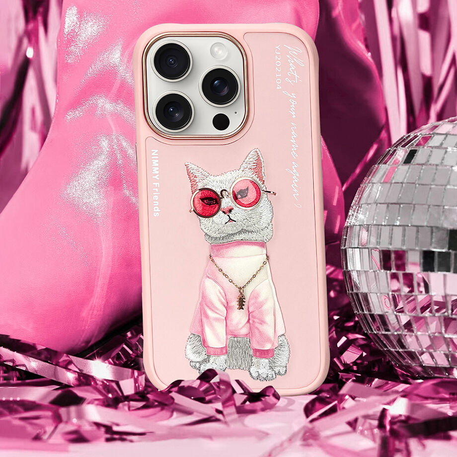 iPhone 16 Pro Nimmy Embroidery Chain Series Back Cover - Pink Cat