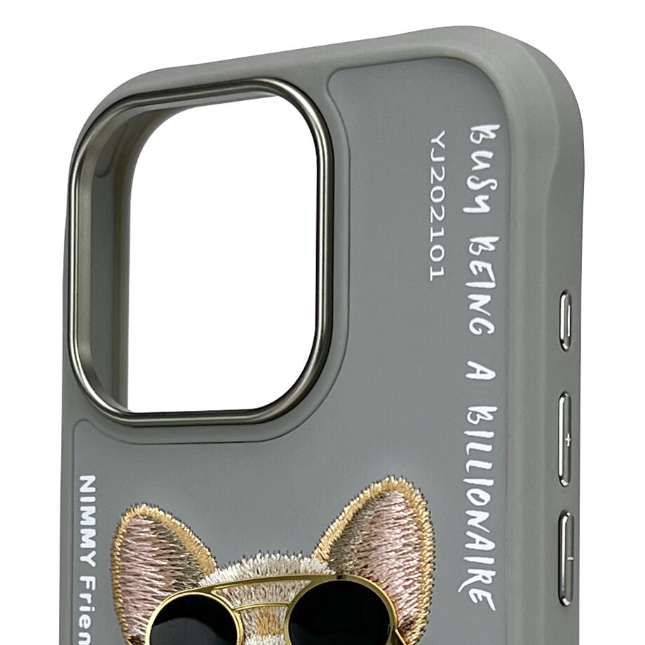 iPhone 16 Pro Nimmy Embroidery Chain Series Back Cover - Gray Dog