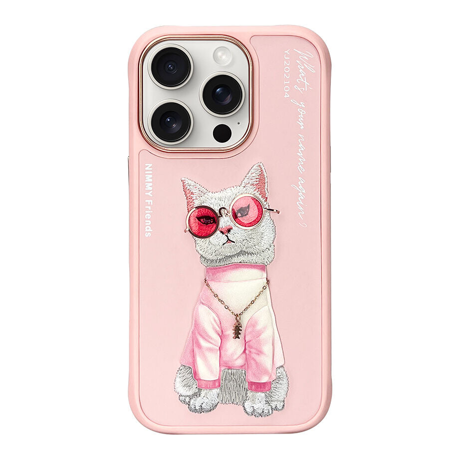 iPhone 16 Pro Nimmy Embroidery Chain Series Back Cover - Pink Cat