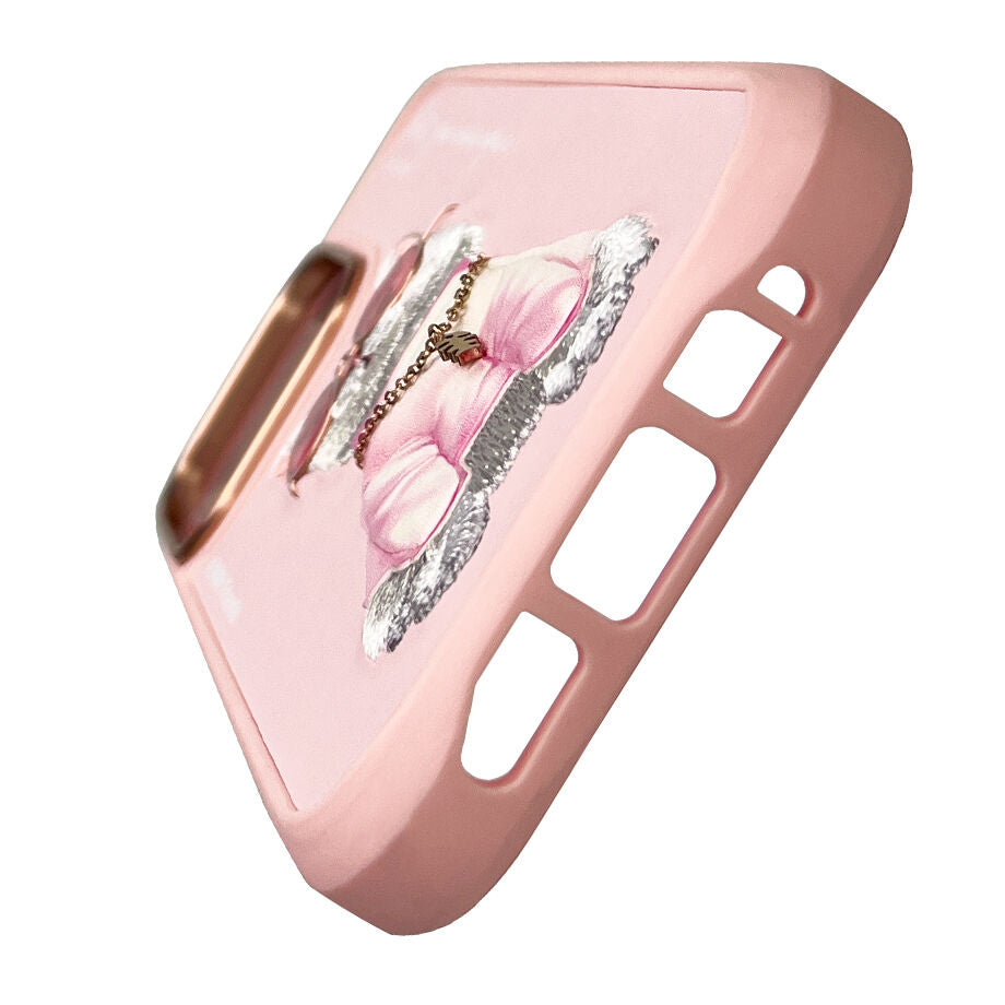 iPhone 16 Pro Nimmy Embroidery Chain Series Back Cover - Pink Cat