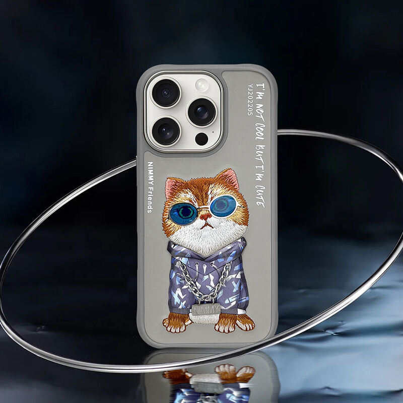 iPhone 16 Pro Nimmy Embroidery Chain Series Back Cover - Titanium Cat