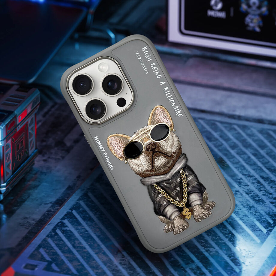 iPhone 16 Pro Nimmy Embroidery Chain Series Back Cover - Gray Dog