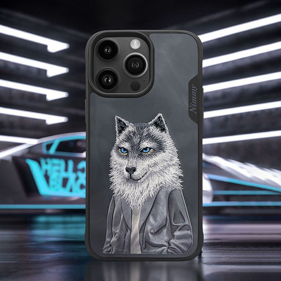 iPhone 14 Pro Max Nimmy Embroidery Leather Shockproof Fashion Series Case - Black