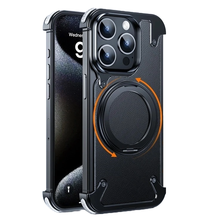 iPhone 15 Pro Metal Rimless Leather Rotating Ring Impact Resistance Casing with MagSafe - Gray