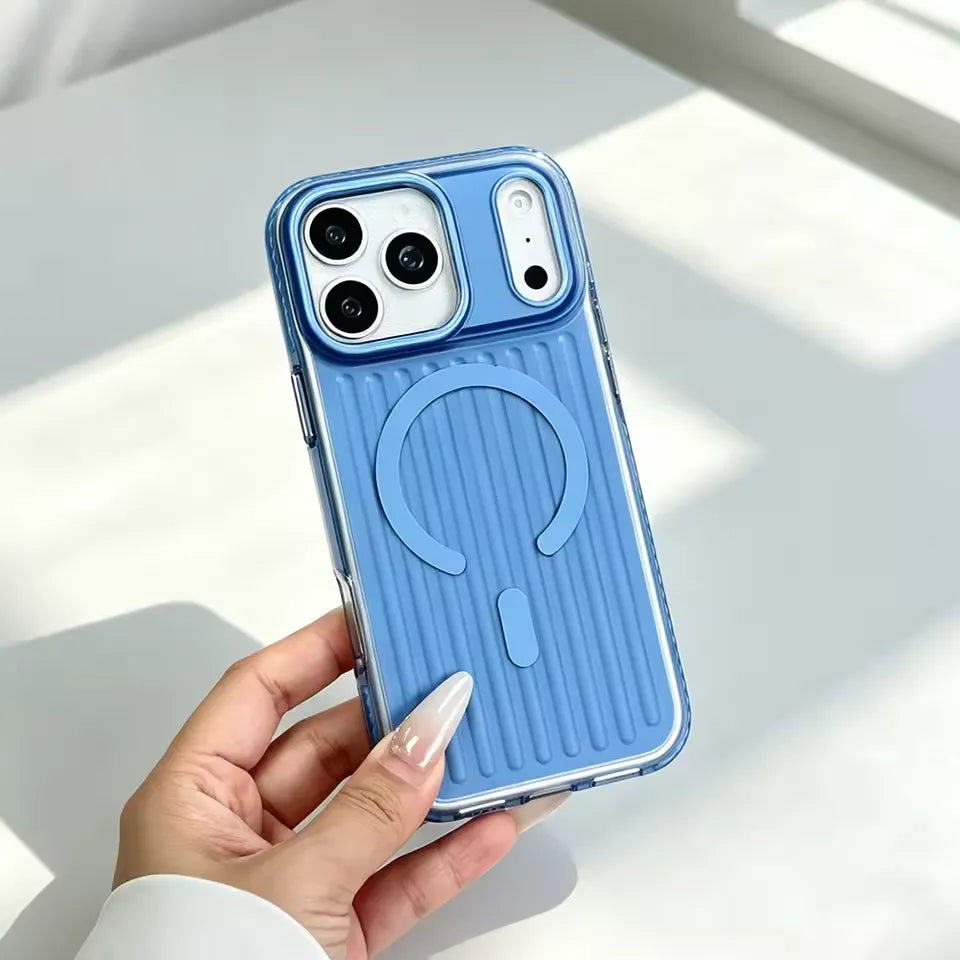 Frosted Grooved MagSafe Case, Light Blue, in hand