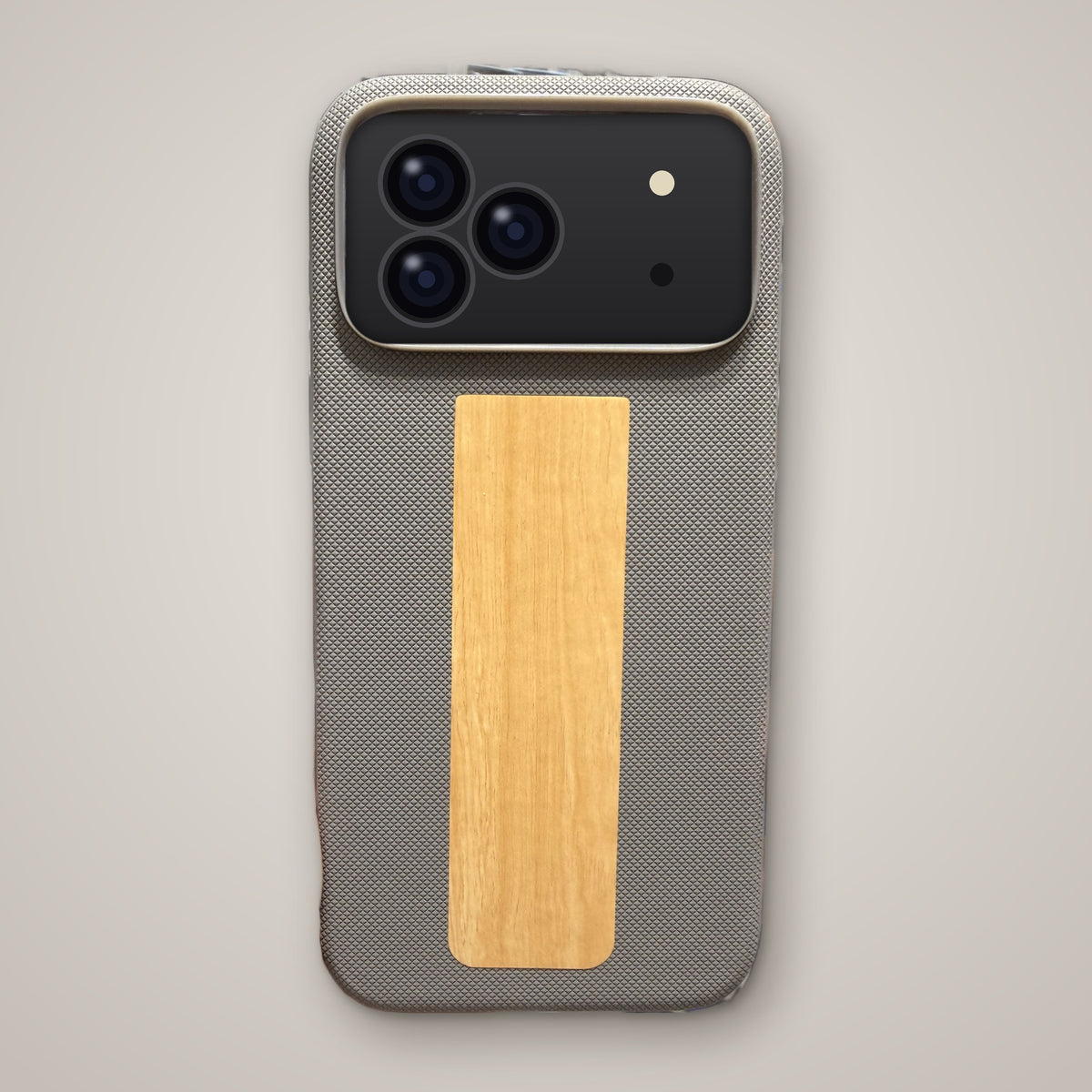 Grey wood panel textured MagSafe case on iPhone, back view