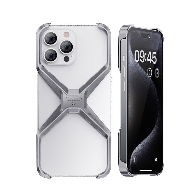 iPhone 16 Pro Max X Shape Metal Case Super Slim Premium Metal Luxury Aluminum Frameless X Shaped Case - Silver