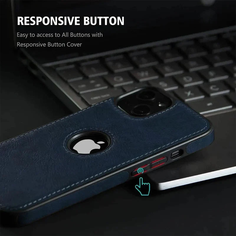 Fine Stitiching iPhone 15 Leather Case Back Cover- Blue