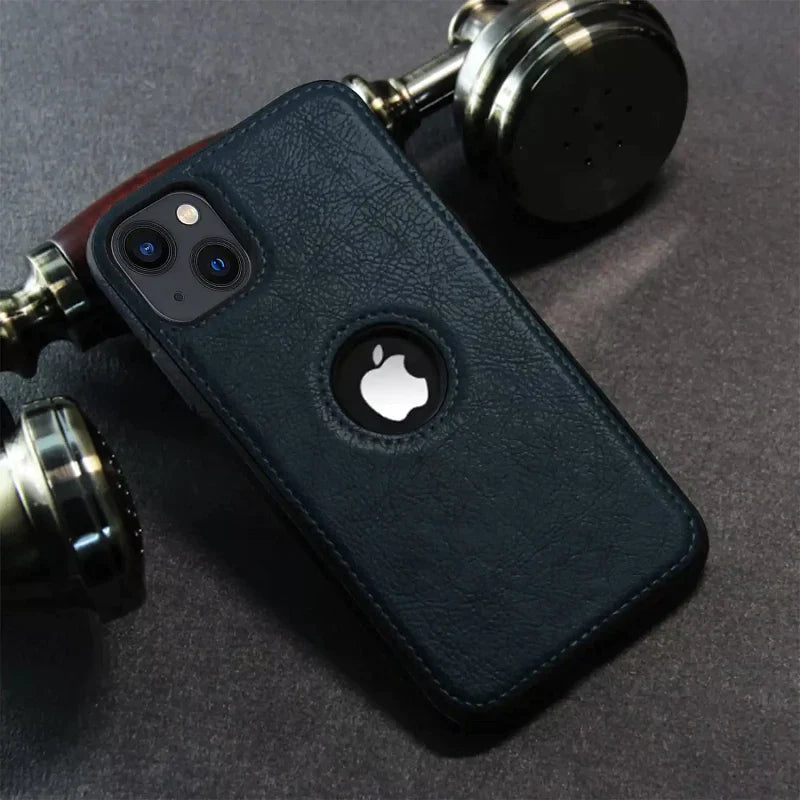 Fine Stitiching iPhone 15 Leather Case Back Cover- Blue