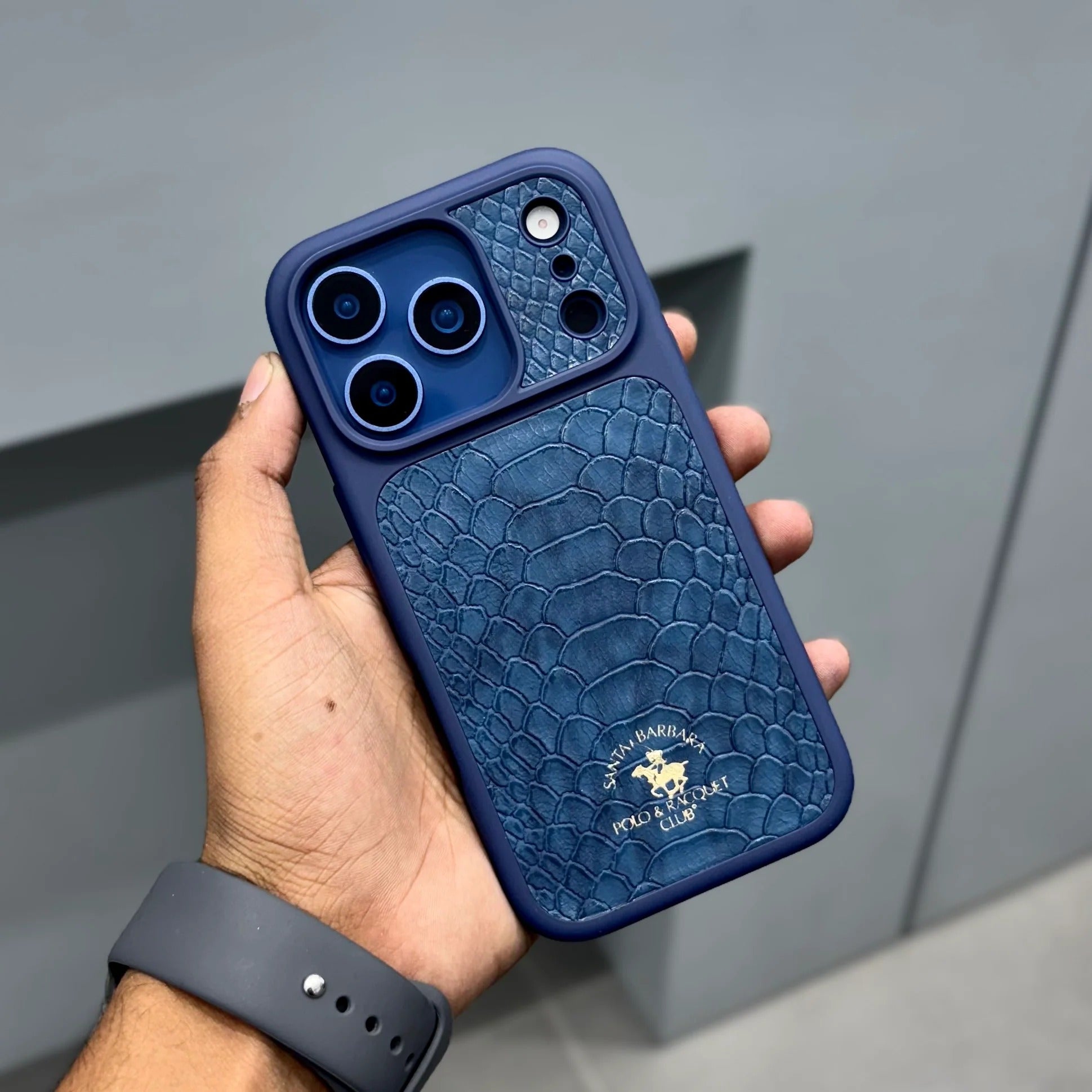 iPhone 17 Pro Genuine Leather Original Santa Barbara Polo Club Knight Series Back Cover - Navy Blue