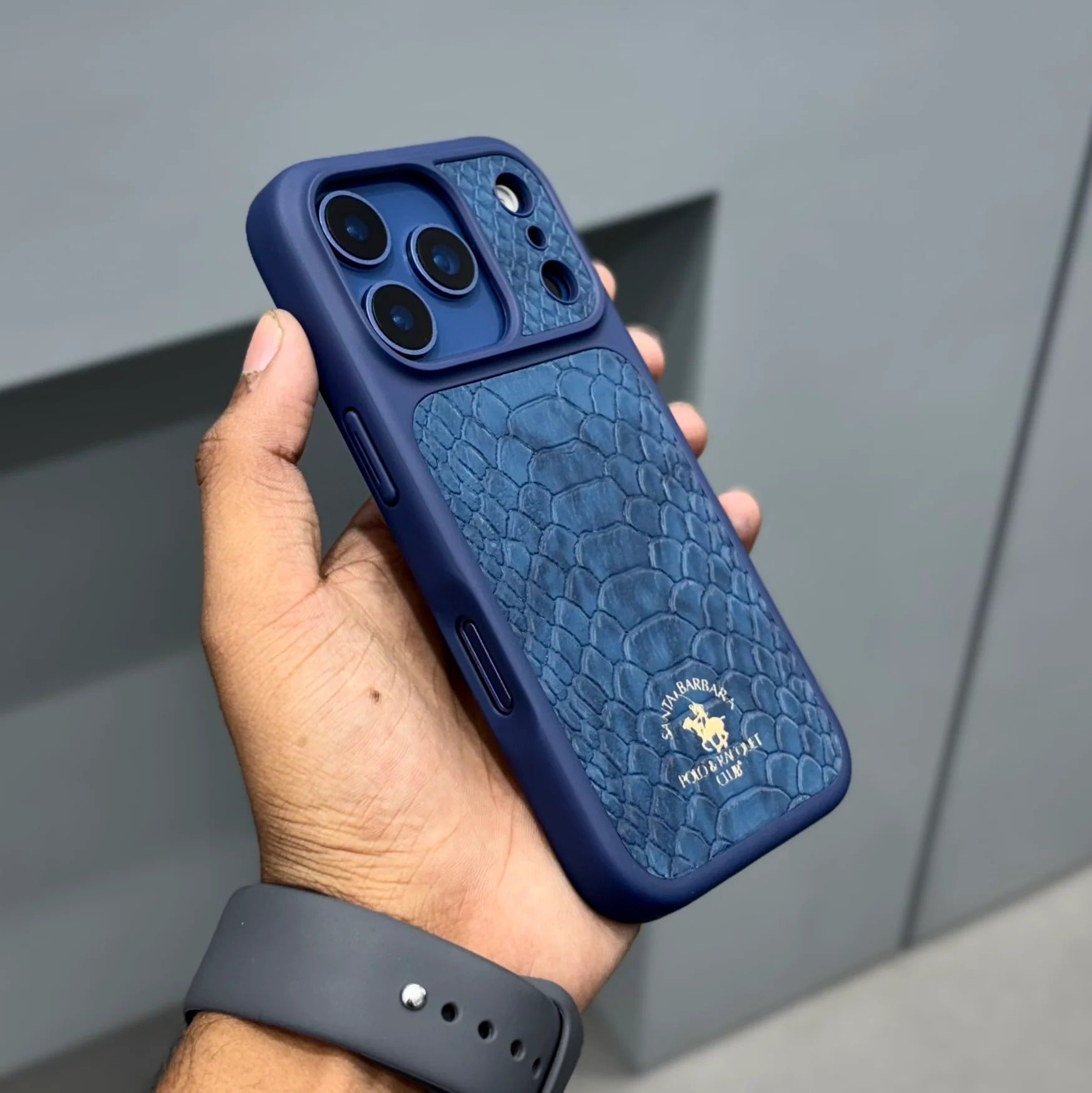 iPhone 17 Pro Genuine Leather Original Santa Barbara Polo Club Knight Series Back Cover - Navy Blue