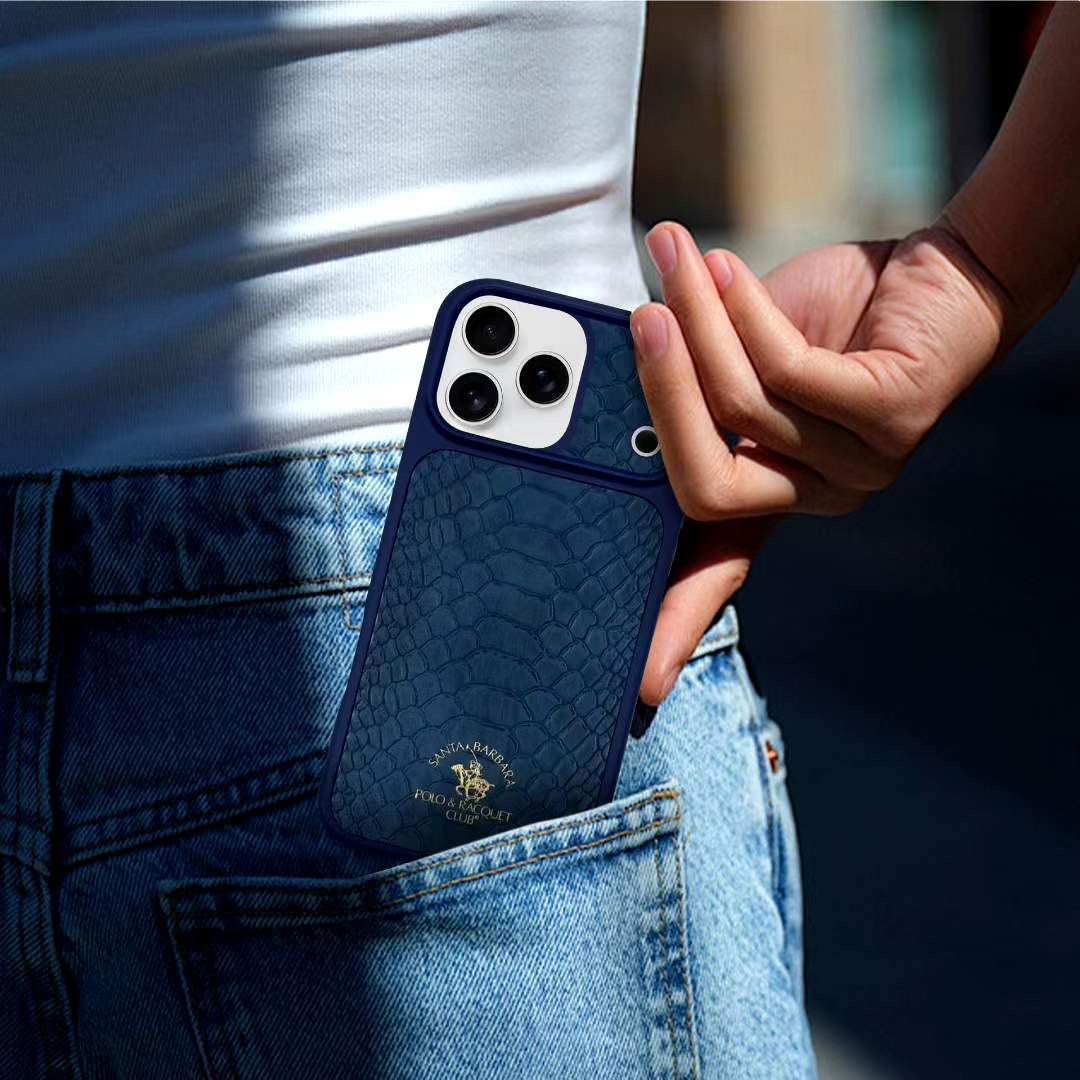 iPhone 17 Pro Genuine Leather Original Santa Barbara Polo Club Knight Series Back Cover - Navy Blue