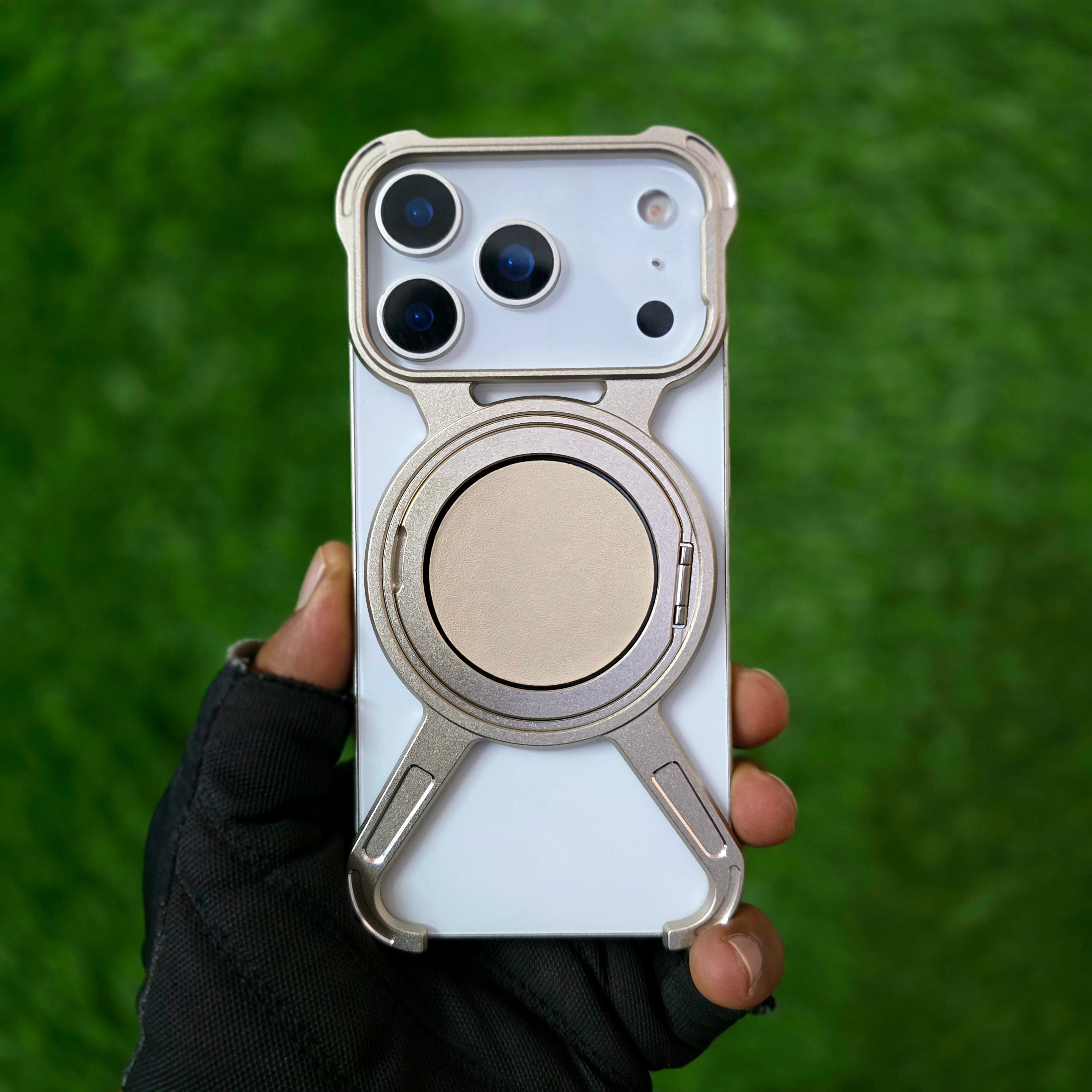 iPhone 17 Pro Max Metal X-Shape Frameless Bumper Case 360° Rotatable Stand with Magsafe - Desert Titanium