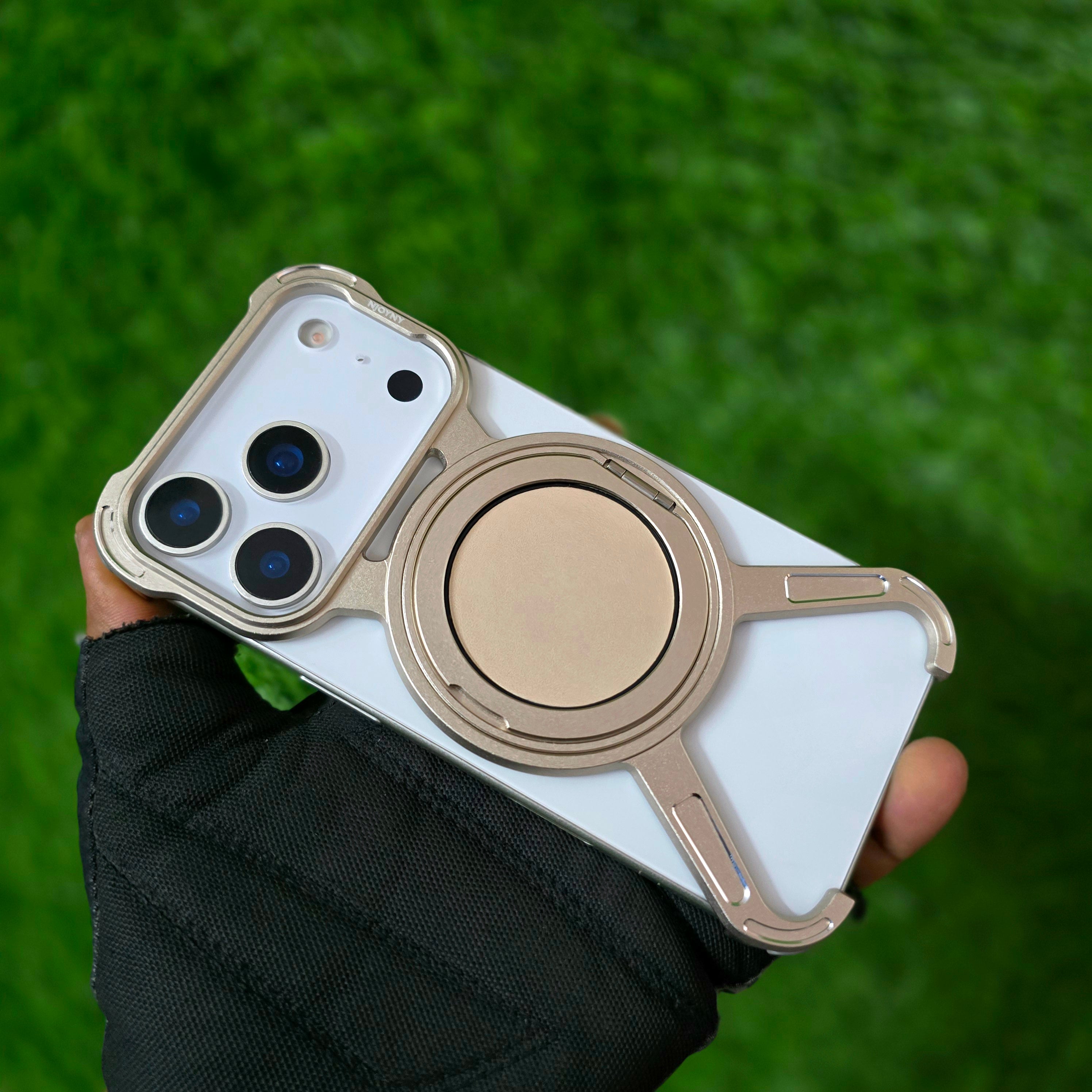 iPhone 17 Pro Metal X-Shape Frameless Bumper Case 360° Rotatable Stand with Magsafe - Desert Titanium