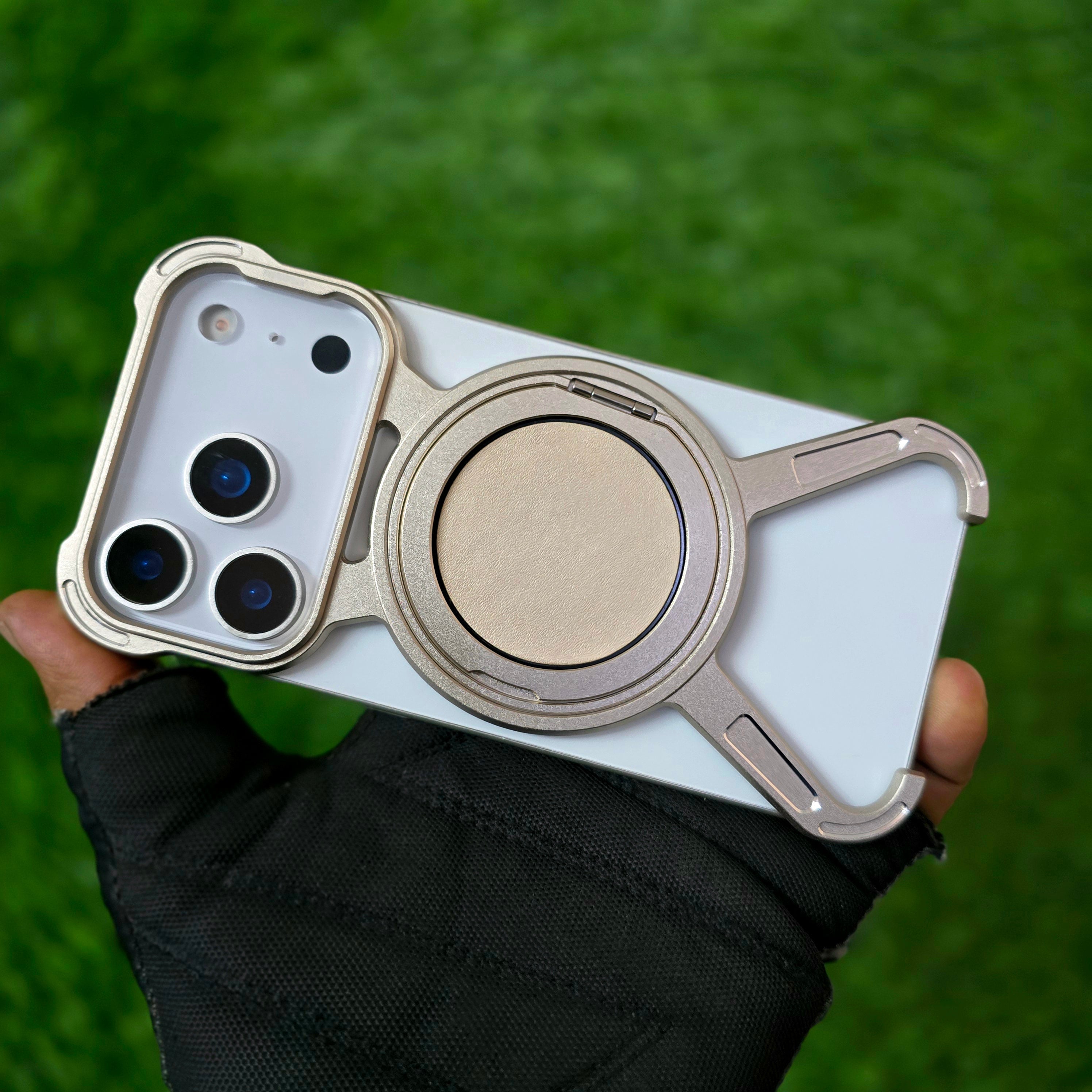 iPhone 17 Pro Metal X-Shape Frameless Bumper Case 360° Rotatable Stand with Magsafe - Desert Titanium