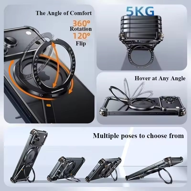 iPhone 17 Air Metal Frameless Bumper Case 360° Rotatable Stand with Magsafe - Black