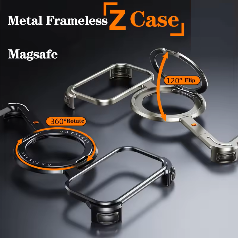 iPhone 17 Pro Max Metal Frameless Bumper Case 360° Rotatable Stand with Magsafe - Black