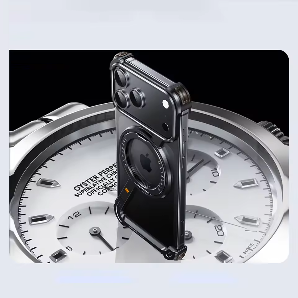 iPhone 17 Air Metal Frameless Bumper Case 360° Rotatable Stand with Magsafe - Black