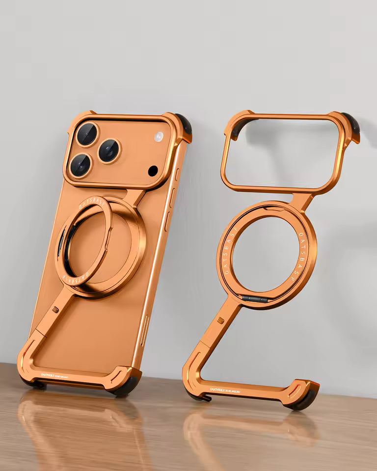 iPhone 17 Pro Max Metal Frameless Bumper Case 360° Rotatable Stand with Magsafe - Orange