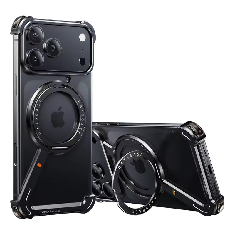 iPhone 17 Pro Metal Frameless Bumper Case 360° Rotatable Stand with Magsafe - Black