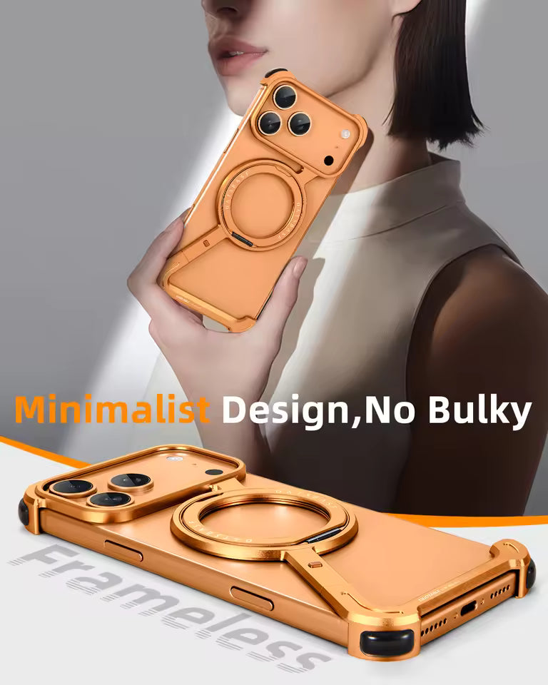 iPhone 17 Pro Max Metal Frameless Bumper Case 360° Rotatable Stand with Magsafe - Orange