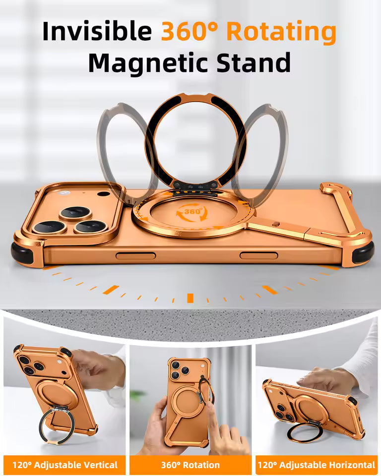 iPhone 17 Pro Max Metal Frameless Bumper Case 360° Rotatable Stand with Magsafe - Orange