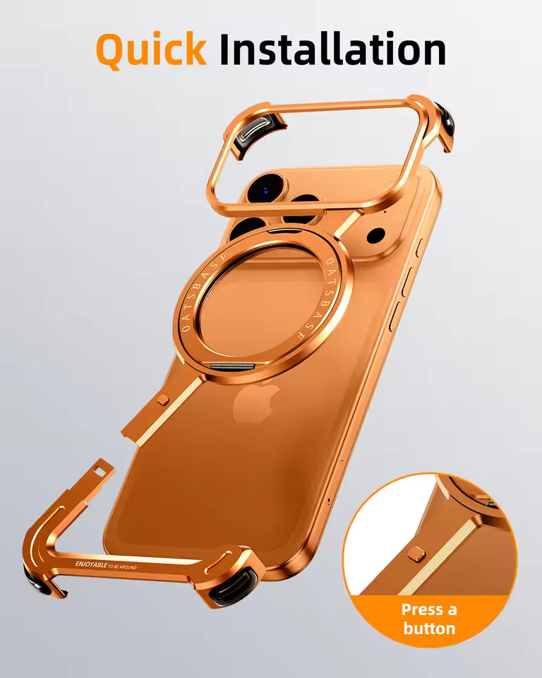 iPhone 17 Pro Max Metal Frameless Bumper Case 360° Rotatable Stand with Magsafe - Orange