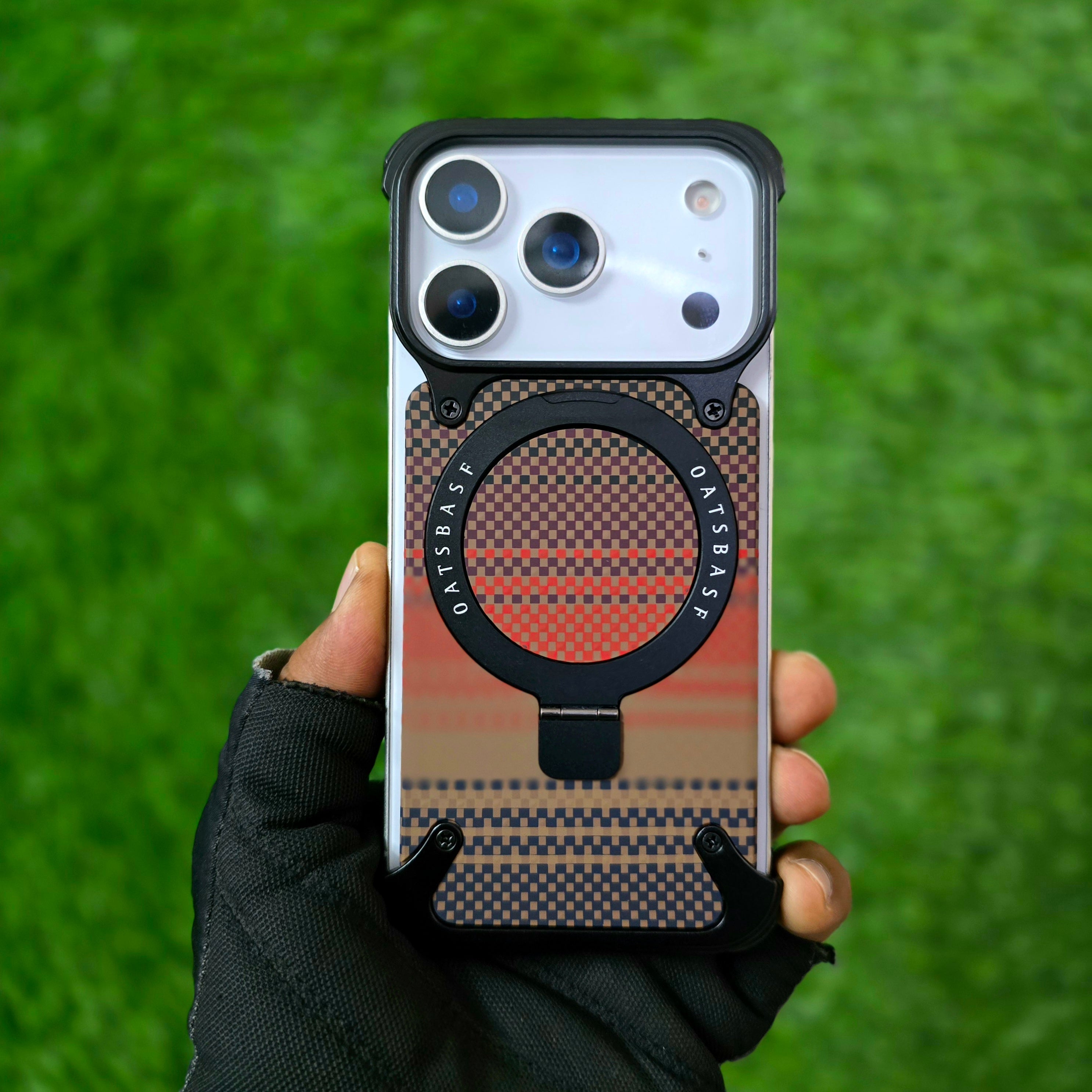 iPhone 17 Pro Metal Case, Frameless Leather Magnetic Invisible Stand Cover with Magsafe - Black