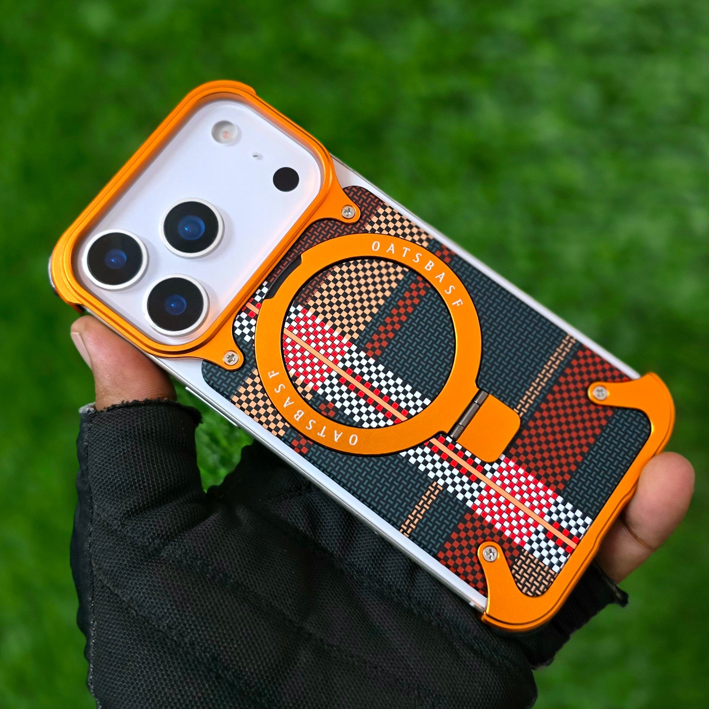 iPhone 17 Pro Metal Case, Frameless Leather Magnetic Invisible Stand Cover with Magsafe - Orange