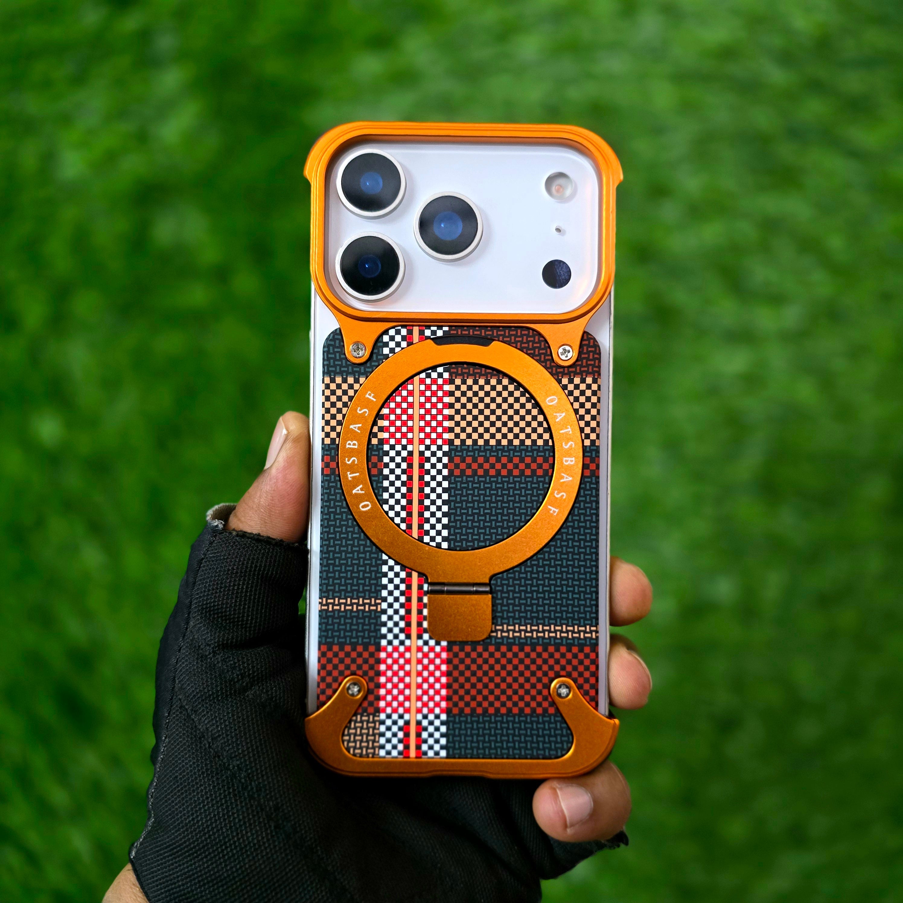 iPhone 17 Pro Max Metal Case, Frameless Leather Magnetic Invisible Stand Cover with Magsafe - Orange