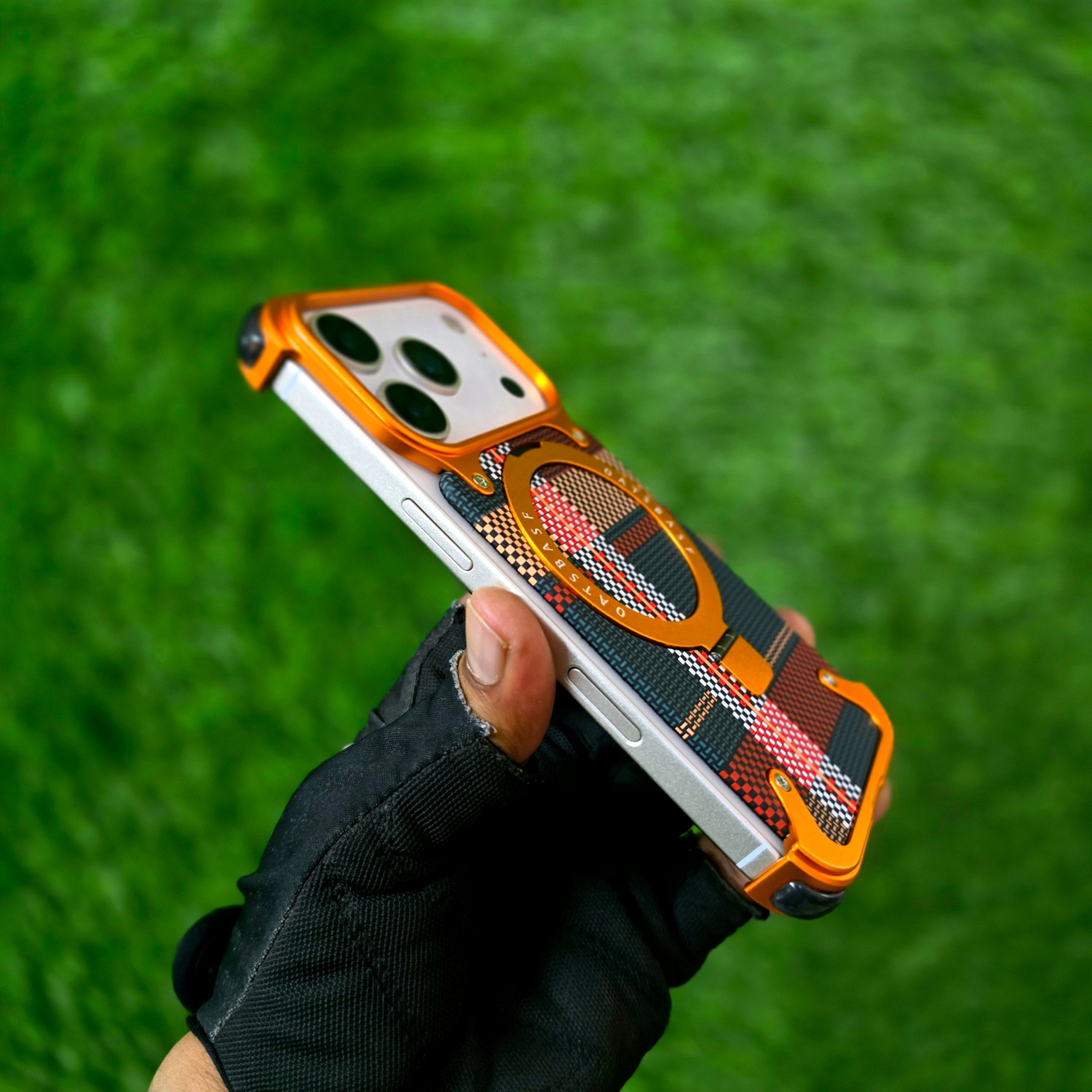 iPhone 17 Pro Metal Case, Frameless Leather Magnetic Invisible Stand Cover with Magsafe - Orange