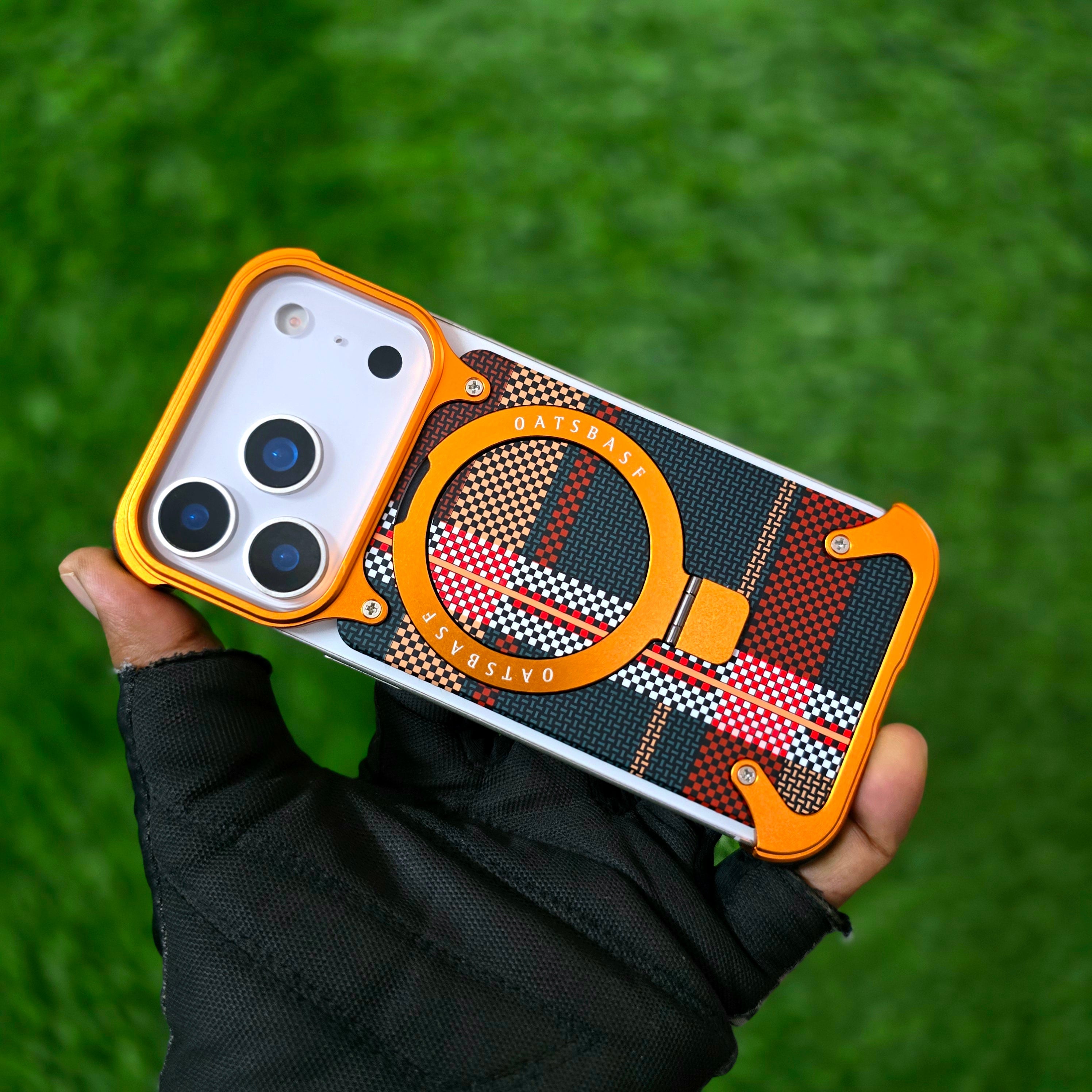 iPhone 17 Pro Metal Case, Frameless Leather Magnetic Invisible Stand Cover with Magsafe - Orange