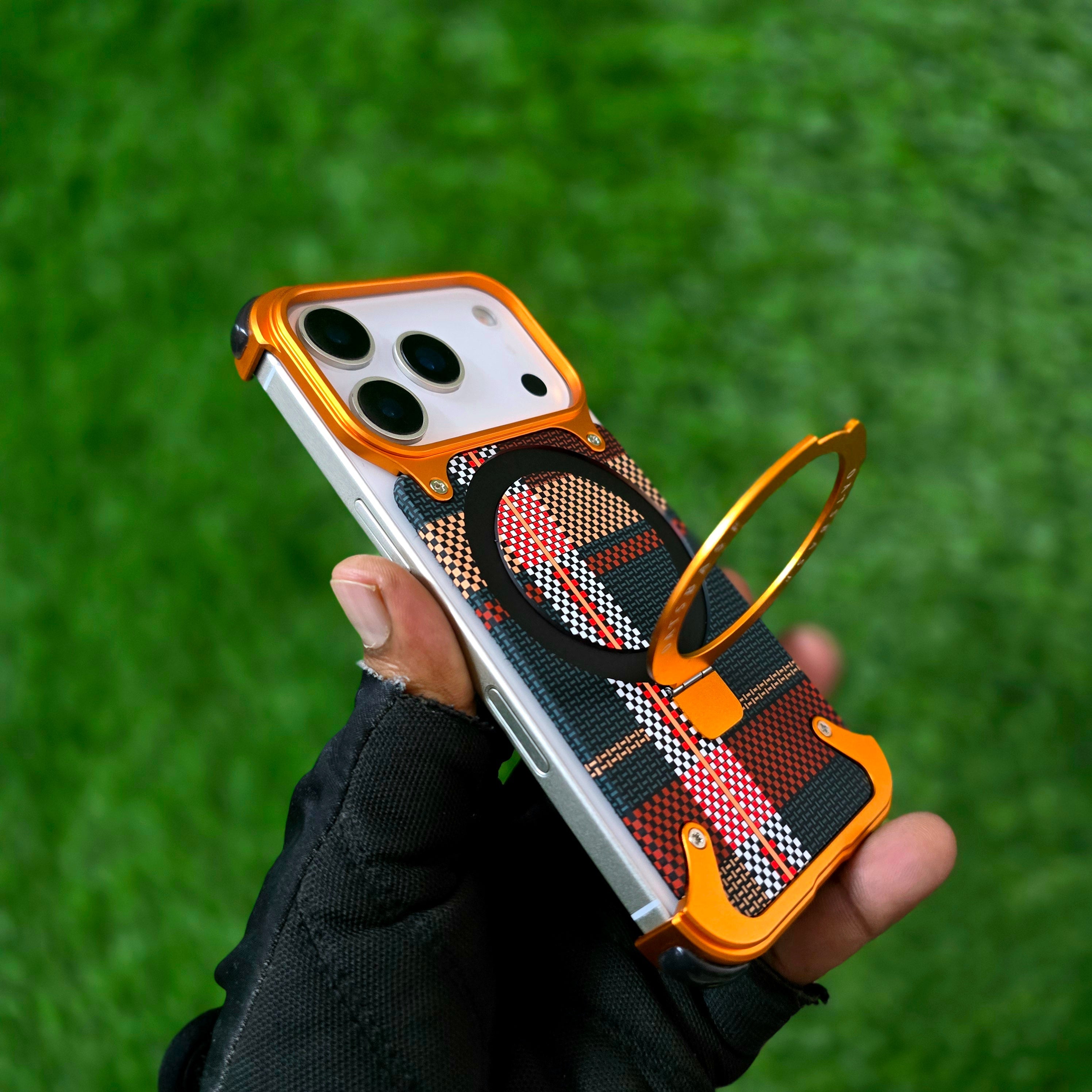 iPhone 17 Pro Max Metal Case, Frameless Leather Magnetic Invisible Stand Cover with Magsafe - Orange