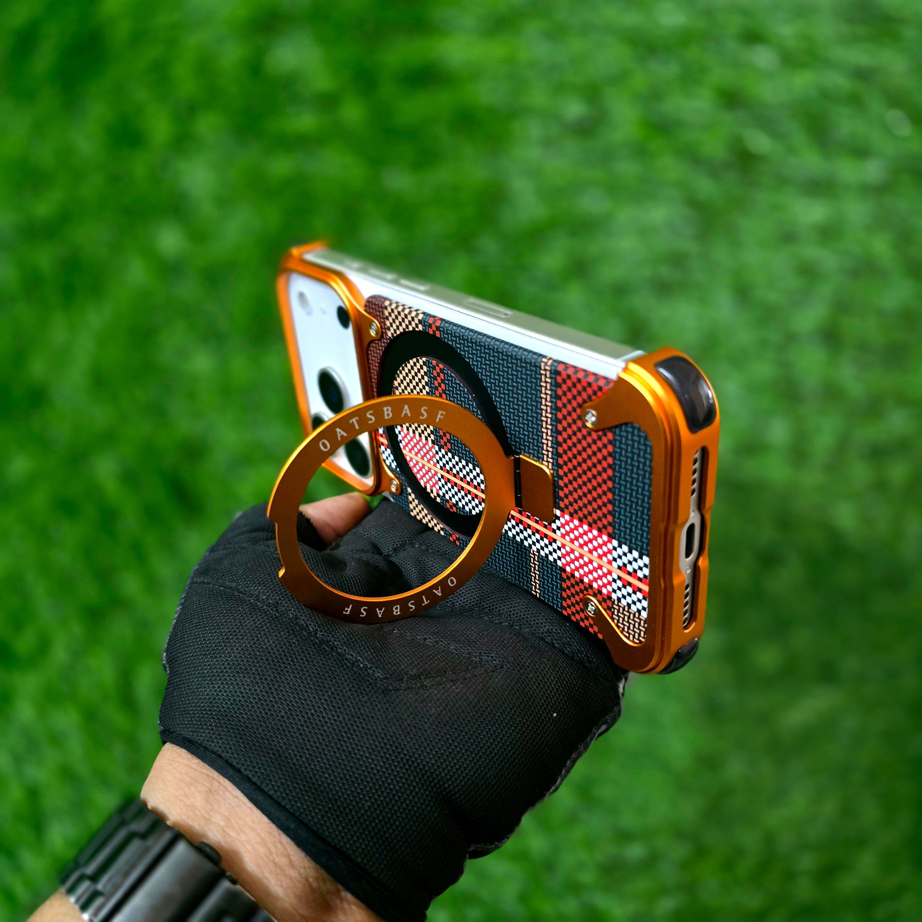 iPhone 17 Pro Max Metal Case, Frameless Leather Magnetic Invisible Stand Cover with Magsafe - Orange