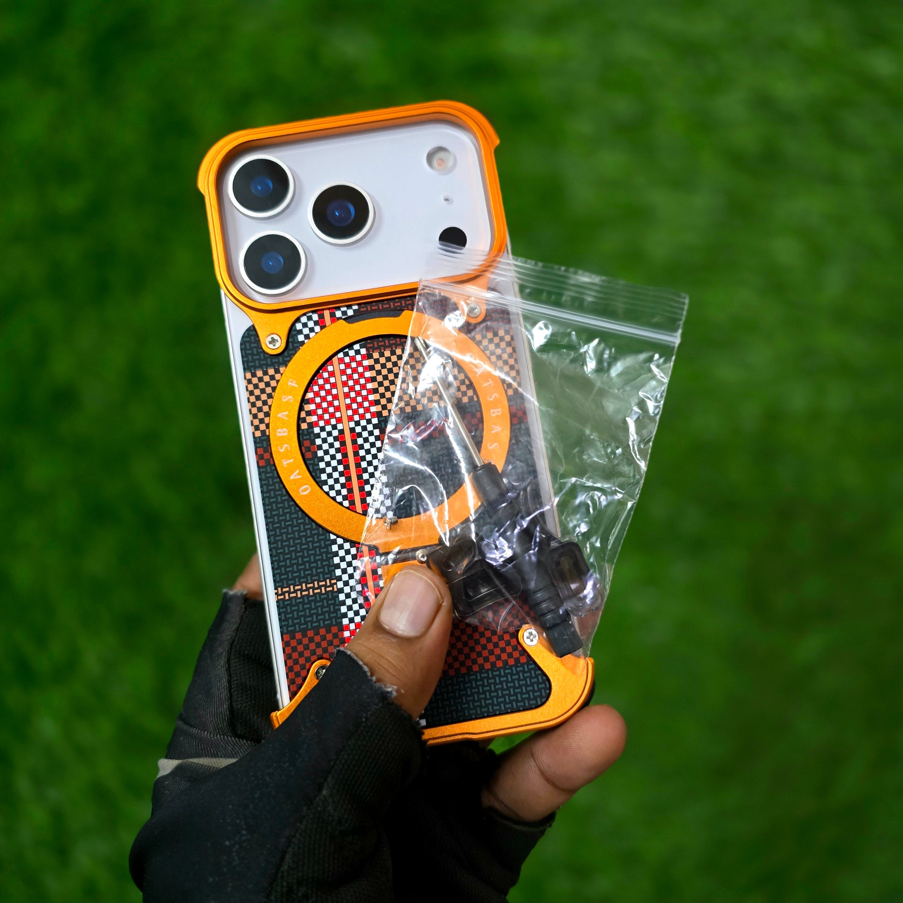 iPhone 17 Pro Metal Case, Frameless Leather Magnetic Invisible Stand Cover with Magsafe - Orange