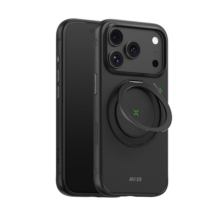 iPhone 17 Pro Max Armor Aramid Fiber Magnetic Case 360° Rotatable Stand with Magsafe - Black