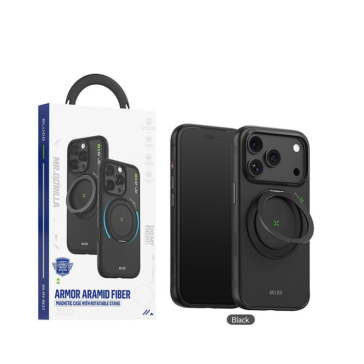 iPhone 17 Pro Max Armor Aramid Fiber Magnetic Case 360° Rotatable Stand with Magsafe - Black